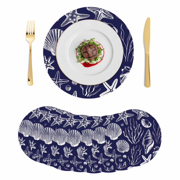 Navy Blue Coastal Round 13 Inch Placemats Set of 8, Summer Beach Ocean Coral Shell Starfish HeatResistant Non Slip Place Mats for Dining Table, Wipeable Braided Kitchen Table Mats for Housewarming