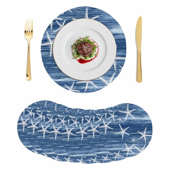 Navy Blue Coastal Round 13 Inch Placemats Set of 8, Summer Ocean Waves Ombre Sea Starfish HeatResistant Non Slip Place Mats for Dining Table, Wipeable Braided Kitchen Table Mats for Housewarming