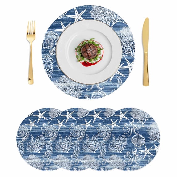 Navy Blue Coastal Round 15 Inch Placemats Set of 4, Nautical Coral Starfish Shell Octopus Sea HeatResistant Non Slip Place Mats for Dining Table, Wipeable Braided Kitchen Table Mats for Housewarming