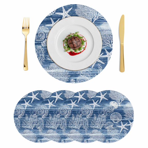 Navy Blue Coastal Round 15 Inch Placemats Set of 4, Nautical Starfish Coral Jellyfish Shell Sea HeatResistant Non Slip Place Mats for Dining Table, Wipeable Kitchen Table Mats for Housewarming
