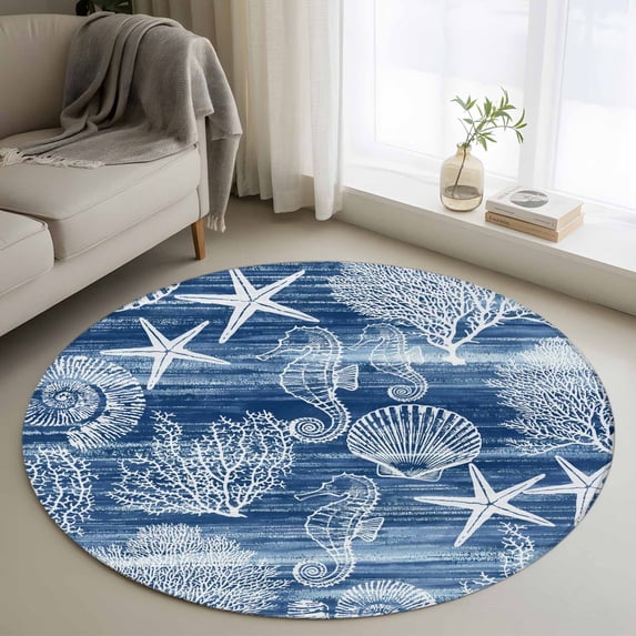 Navy Blue Coastal Round Area Rug 3.3Ft Washable Circle Rugs for Dining Room Table, Nautical Coral Starfish Shell Seahorse Ocean Non-Slip Carpet Floor Mats Indoor Outdoor Carpet Runner Home Decor