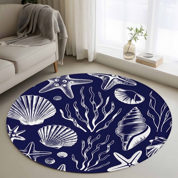 Navy Blue Coastal Round Area Rug 3.3Ft Washable Circle Rugs for Dining Room Table, Summer Beach Ocean Coral Shell Starfish Non-Slip Carpet Floor Mats Indoor Outdoor Carpet Runner Aesthetic Home Decor