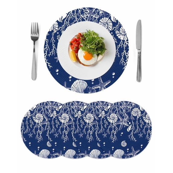 Navy Blue Coastal Round Placemats Set of 4 for Dinning Tables,Heat-proof Braided Table Mats 15 Inch,Starfish Coral Ocean Conch Sea Nautical Washable Place Mat for Kitchen Restaurant Party Table Decor