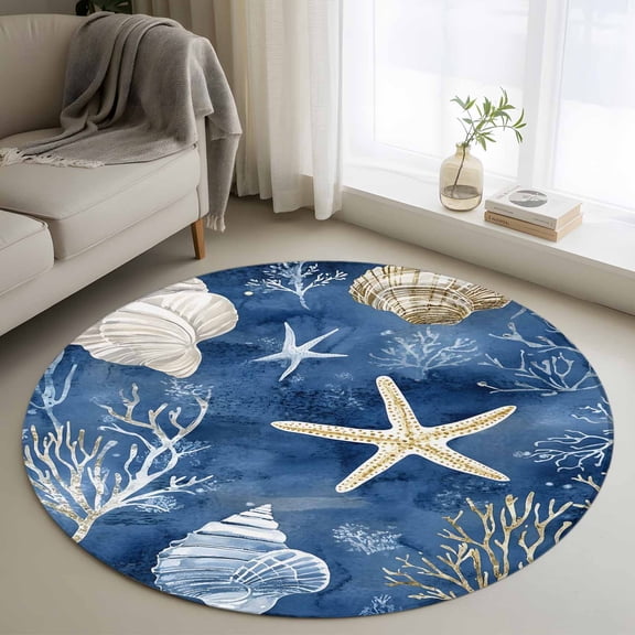 Navy Blue Coastal Round Rug 4ft Washable Circle Entryway Rugs Non Slip Nautical Beach Starfish Coral Summer Area Rug Indoor Floor Carpet for Bedroom Kitchen Living Room Home Office Dining Room
