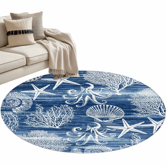 Navy Blue Coastal Round Rug 4ft Washable Circle Entryway Rugs Non Slip Nautical Coral Starfish Shell Octopus Sea Area Rug Indoor Floor Carpet for Bedroom Kitchen Living Room Office Dining Room