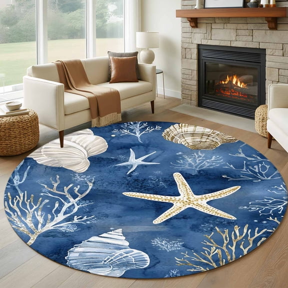 Navy Blue Coastal Round Rug 5ft Washable Circle Kitchen Rugs Non Slip Nautical Beach Starfish Coral Summer Large Area Rug Indoor Floor Carpet for Bedroom Living Room Home Office Dining Room Nursery