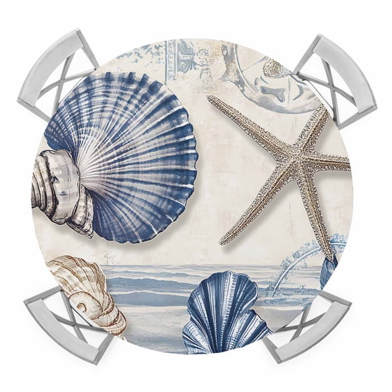 Navy Blue Coastal Round Tablecloth for 55-60 Inch Tables,Fitted Table Cover with Elastic Edge,Vintage Sea Beach Shell Starfish Waterproof Outdoor Table Cloth Protector for Patio Garden Dinner Picnic