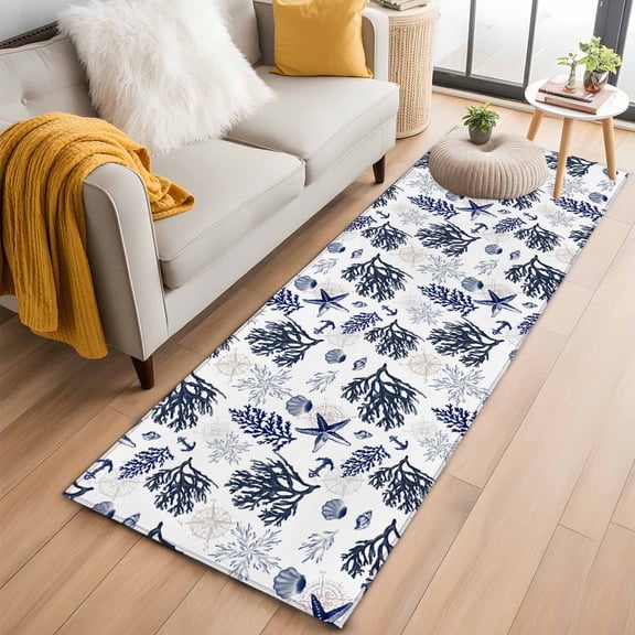 Navy Blue Coastal Runner Rug 2x6 FT,Non Slip Hallway Rugs,Coral Shell Summer Beach Nautical Washable Soft Floor Carpet Throw Runner Carpet Long Rugs for Entryway Kitchen Bedside Sliding Door
