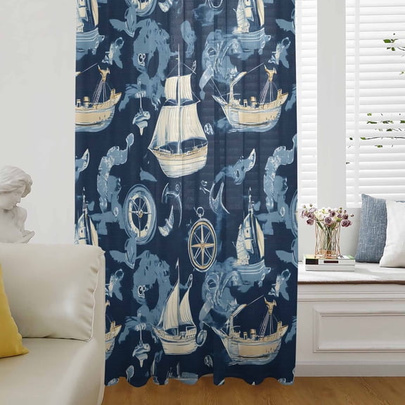 Navy Blue Coastal Semi Sheer Curtains Drapes for Living Room, Bedroom, French Doors Window 63 Inches Long, Nautical Boat Summer Beach Ocean Rod Pocket Chiffon Curtain Drapery Voile Draperies Panel
