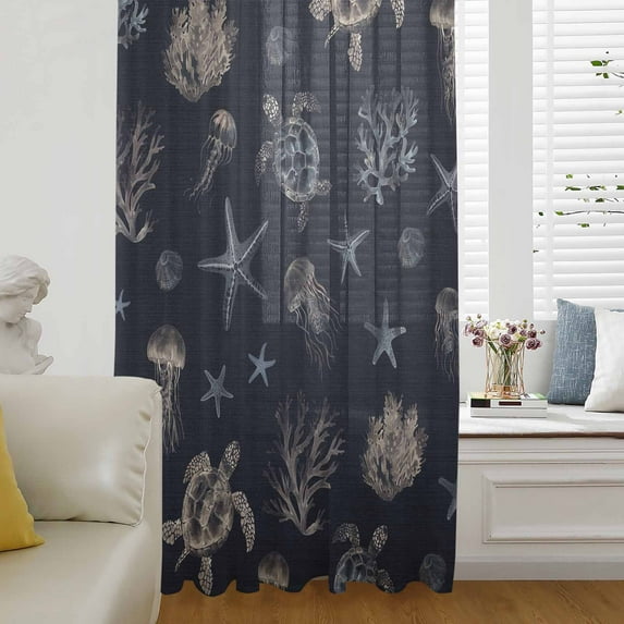 Navy Blue Coastal Semi Sheer Curtains Drapes for Living Room,Bedroom,French Doors Window 96 Inches Long,Nautical Summer Beach Sea Turtle Starfish Rod Pocket Chiffon Curtain Drapery Voile Drape Panel