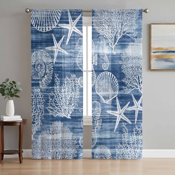 Navy Blue Coastal Sheer Curtains 108 Inch Length 2 Panels Set, Nautical Coral Starfish Shell Seahorse Ocean Voile Window Treatment Semi Sheer Long Curtains for Bedroom/Living Room/Kitchen 52"x108"x2