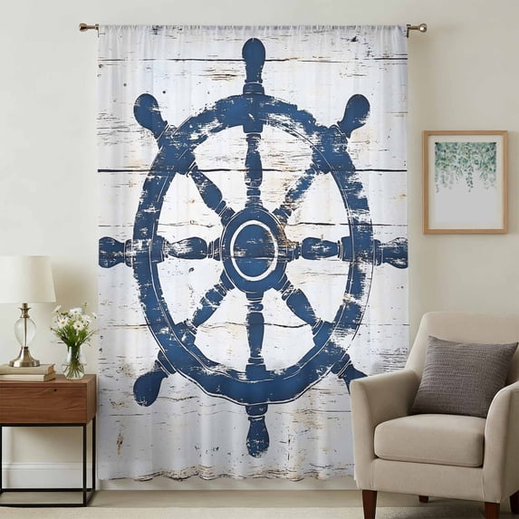 Navy Blue Coastal Sheer Curtains 45 Inches Long, Vintage Nautical Summer Rudder Light Filering Curtains, Breathable Simi Curtain Privacy Drapes for Kitchen Bathroom Lightweight Small Window Treatment