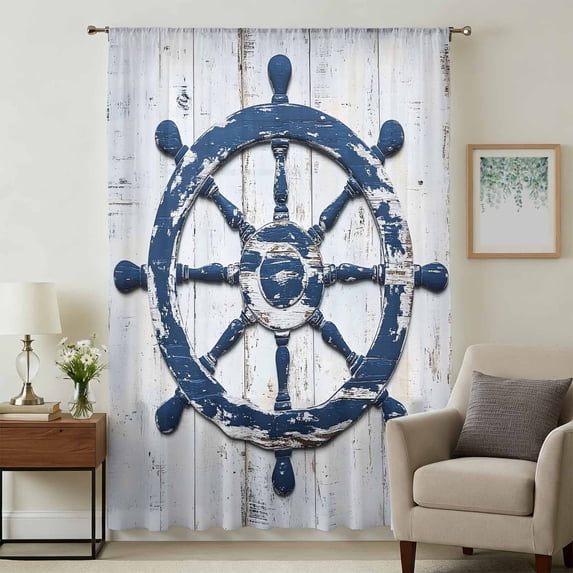 Navy Blue Coastal Sheer Curtains 54 Inches Long, Nautical Summer Rudder Vintage Light Filering Curtains, Breathable Simi Curtain Privacy Drapes for Kitchen Bathroom Lightweight Small Window Treatment