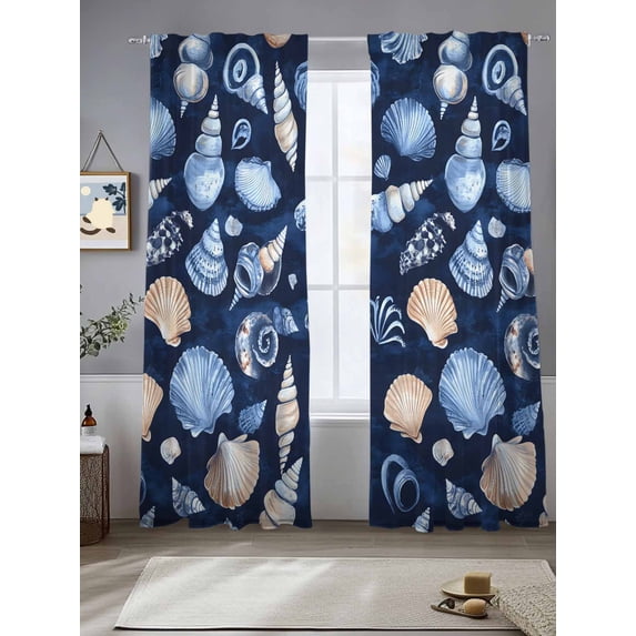 Navy Blue Coastal Sheer Curtains for Living Room Bedroom Shell Conch Nautical Summer Beach Ocean Sheer Curtains 84 Inch Long 2 Panels Set Light Filtering Curtain Window Treatments Drapes