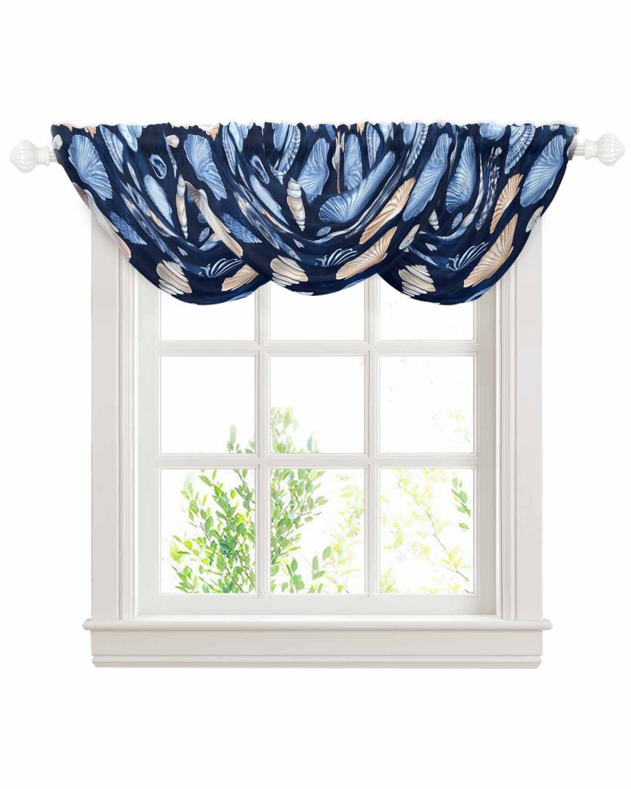 Room Window Shell Navy Blue Coastal Sheer Waterfall Valance Curtains for Window, Shell ...