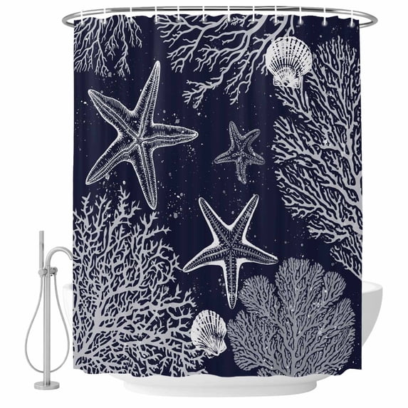 Navy Blue Coastal Shower Curtain Set - 72" x 78" Washable Bathtub Curtain with 12 Hooks, Starfish Coral Summer Beach Ocean Waterproof Fabric Stall Shower Curtains for Bathroom/Bathtub Décor