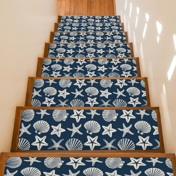 Navy Blue Coastal Stair Treads Non Slip for Steps Starfish Shell Ocean NauticalV 7 Pcs Reusable Adhesive Stair Runner Mats for Dogs Elders Carpet Treads Rugs for Staircase 8x30 In