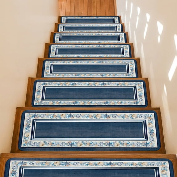 Navy Blue Coastal Stair Treads Non Slip for Steps Vintage Beach Starfish Shell Summer Coral 7 Pcs Reusable Adhesive Stair Runner Mats for Dogs Elders Carpet Treads Rugs for Staircase 8x30 In