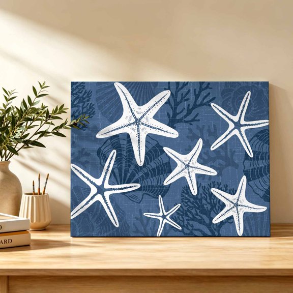 Navy Blue Coastal Starfish Canvas Wall Art, Sea Shell Coral Summer Beach Wall Art Prints Artwork Framed Canvas Ready to Hang Art Pictures for Bathroom Bedroom Entry Desk Corner 10" x 8"