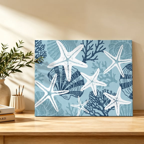 Navy Blue Coastal Starfish Canvas Wall Art, Sea Shell Coral Summer Ocean Beach Wall Art Prints Artwork Framed Canvas Ready to Hang Art Pictures for Bathroom Bedroom Entry Desk Corner 10" x 8"