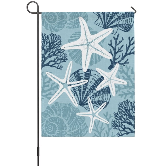 Navy Blue Coastal Starfish Garden Flags For Outdoor, Sea Shell Coral Summer Ocean Beach Small Double Side Yard Flags Weather Proof Garden Decor for Lawn Outside Holiday 12 x 18 Inches