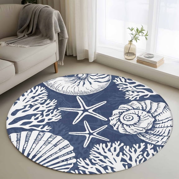 Navy Blue Coastal Starfish Small Round Rug 3Ft Beach Nautical Coral Shell Summer Area Rugs Washable Non Slip Indoor Floor Mats Circle Carpet for Living Room Bedroom Dining Room Home Decor
