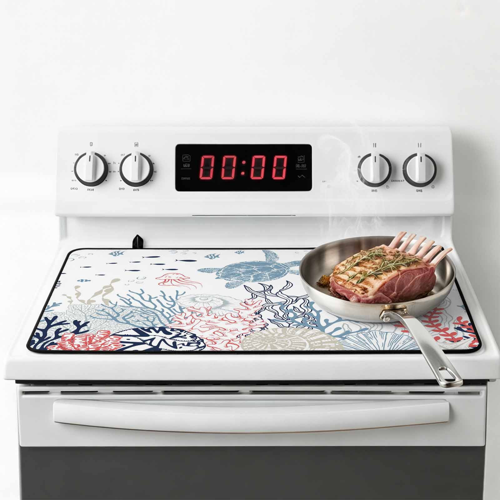 Navy Blue Coastal Stove Top Cover for Electric Stove, Heat-proof & Non Slip Glass Top Stove Cover Protector, Coral Turtle Starfish Jellyfish Kitchen Flat Cooktop Rubber Mat 31x24 Inches