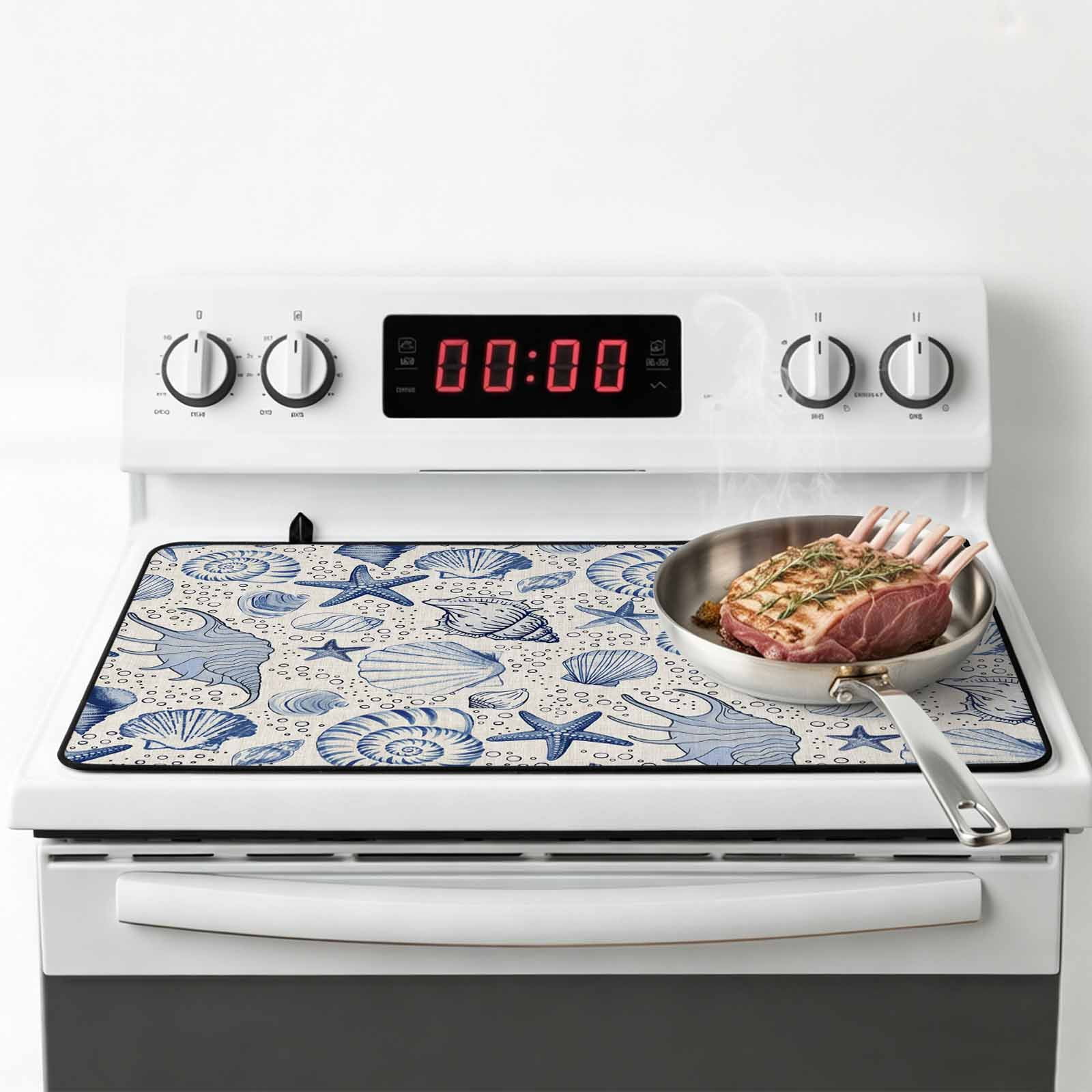 Navy Blue Coastal Stove Top Cover for Electric Stove, Heat-proof & Non Slip Glass Top Stove Cover Protector, Nautical Ocean Shell Starfish Sea Rustic Kitchen Flat Cooktop Rubber Mat 24x21 Inches