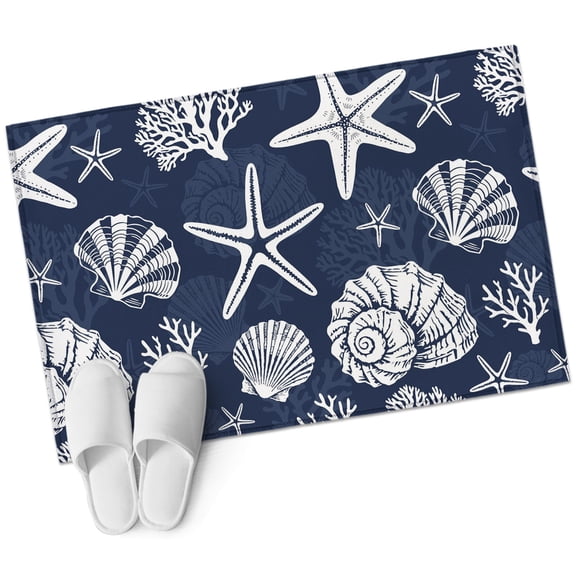 Navy Blue Coastal Summer Entryway Rug 2x3 Area Rug Washable Indoor Doormat Small Bathroom Rugs Non-Slip Low Pile Accent Throw Rugs Coral Shell Starfish Nautical Floor Carpet for Kitchen Bedroom