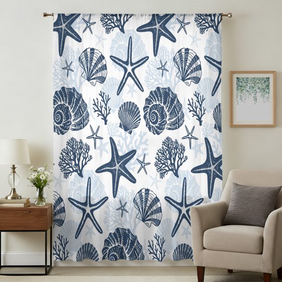 Navy Blue Coastal Summer Sheer Curtains 45 Inches Long, Light Blue Coral Shell Starfish Light Filering Curtains, Breathable Simi Curtain Privacy Drapes for Kitchen Bathroom Window Treatment