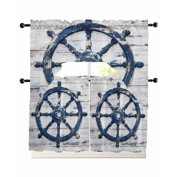 Navy Blue Coastal Swag Kitchen Curtains Sets for Windows 24 Inch Length, Nautical Summer Vintage Rudder Short Window Curtain Panels Swags Valances and Tiers 3 Piece Set for Cafe/Dining Room