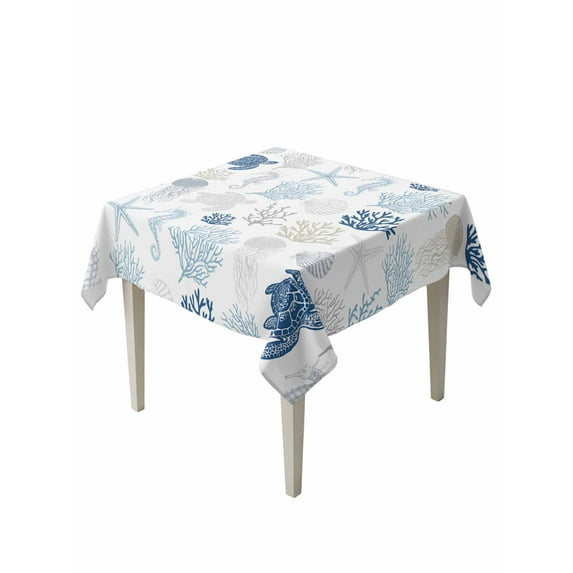 Navy Blue Coastal Table Cloth, Nautical Summer Beach Coral Sea Turtle Waterproof Tablecloth for Square Tables, Reusable Washable Fabric Table Cover for Restaurant Kitchen Dining Tables 54"x54"