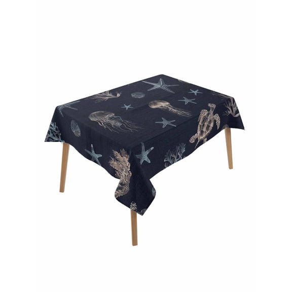 Navy Blue Coastal Table Cloth, Nautical Summer Beach Sea Turtle Starfish Waterproof Tablecloth for Rectangle Tables, Reusable Washable Fabric Table Cover for Restaurant Kitchen Dining Tables 60"x102"