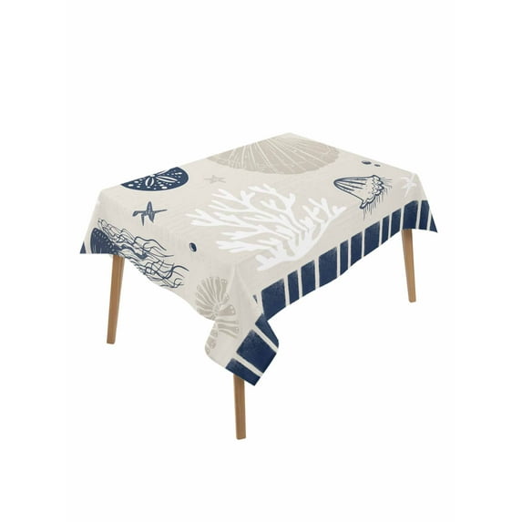Navy Blue Coastal Table Cloth, Ocean Nautical Starfish Coral Striped Waterproof Tablecloth for Rectangle Tables, Reusable Washable Fabric Table Cover for Restaurant Kitchen Dining Tables 52"x70"