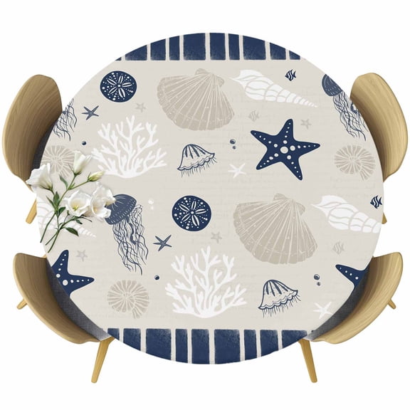 Navy Blue Coastal Table Cloth, Round Fitted Tablecloths with Elastic Edge, Ocean Nautical Starfish Coral Striped Wipeable Waterproof Table Cover for Kitchen Wedding 36-44 Inches