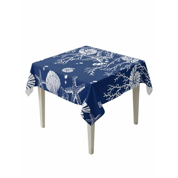 Navy Blue Coastal Table Cloth, Starfish Coral Ocean Conch Sea Nautical Waterproof Tablecloth for Square Tables, Reusable Washable Fabric Table Cover for Restaurant Kitchen Dining Tables 60"x60"