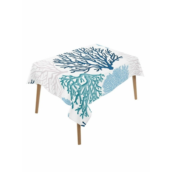 Navy Blue Coastal Table Cloth, Turquoise Coral Ocean Modern Sea Waterproof Tablecloth for Rectangle Tables, Reusable Washable Fabric Table Cover for Restaurant Kitchen Dining Tables 52"x70"