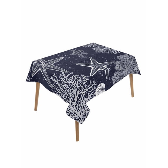 Navy Blue Coastal Table Cloth, Waterproof Tablecloth for Rectangle Tables, Starfish Coral Summer Beach Ocean Reusable Washable Fabric Table Cover for Restaurant Kitchen Dining Tables 60"x84"