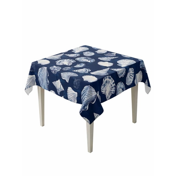 Navy Blue Coastal Table Cloth, Waterproof Tablecloth for Square Tables, Shell Conch Summer Beach Nautical Reusable Washable Fabric Table Cover for Restaurant Kitchen Dining Tables 60"x60"