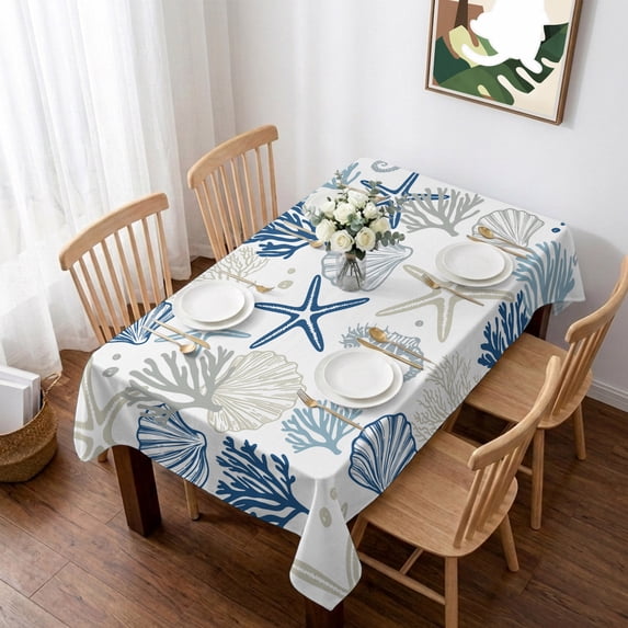 Navy Blue Coastal Table Cloth Waterproof Tablecloths, Summer Beach Coral Shell Ocean Tablecloth Dining Table Cover for Kitchen Party Tabletop Outdoor, Rectangle Tablecloth 60x84 Inch