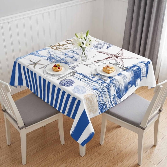 Navy Blue Coastal Table Cloth Waterproof Tablecloths, Summer Nautical Lighthouse Starfish Tablecloth Dining Table Cover for Kitchen Party Tabletop Outdoor, Square Tablecloth 54x54 Inch
