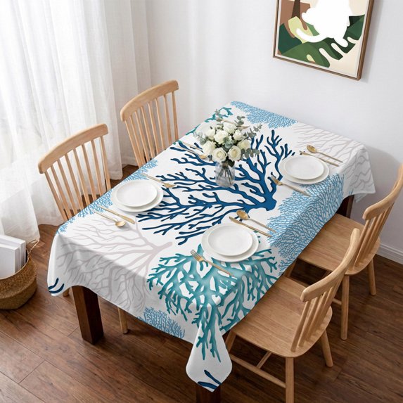 Navy Blue Coastal Table Cloth Waterproof Tablecloths, Turquoise Coral Ocean Modern Sea Tablecloth Dining Table Cover for Kitchen Party Tabletop Outdoor, Rectangle Tablecloth 52x70 Inch