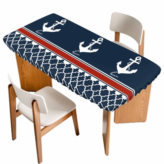 Navy Blue Coastal Table Cloths for 4 Foot Rectangle Tables, Nautical Ocean Sea Anchor Abstract Art Patio Waterproof Elastic Fitted Tablecloths, Washable Rectangular Table Cover for Camping