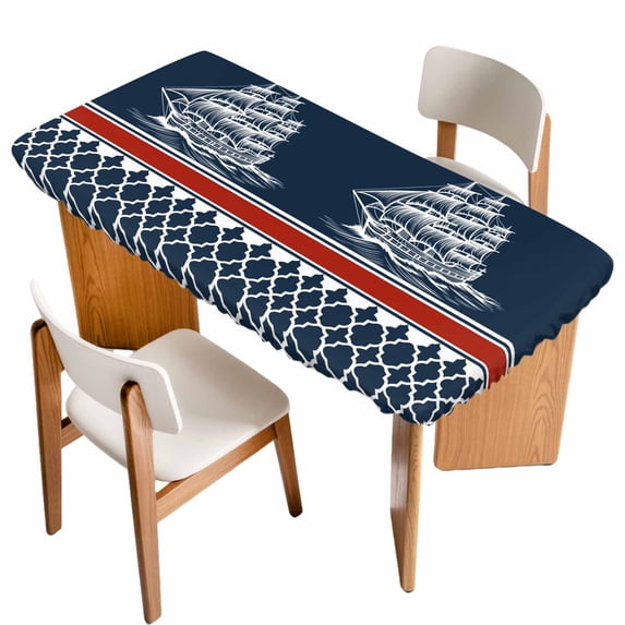 Navy Blue Coastal Table Cloths for 6 Foot Rectangle Tables, Nautical Ocean Sea Abstract Art Patio Waterproof Elastic Fitted Tablecloths, Washable Rectangular Table Cover for Camping
