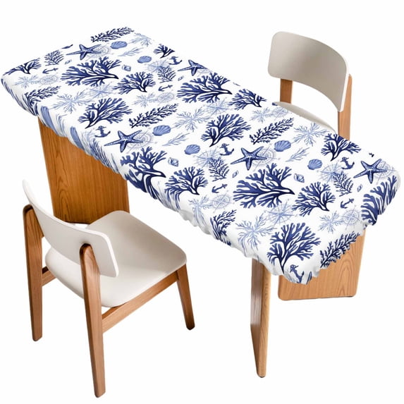 Navy Blue Coastal Table Cloths for 8 Foot Rectangle Tables, Coral Starfish Seaside Summer Beach Patio Waterproof Elastic Fitted Tablecloths, Washable Rectangular Table Cover for Camping