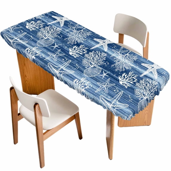 Navy Blue Coastal Table Cloths for 8 Foot Rectangle Tables, Summer Beach Nautical Starfish Coral Vintage Patio Waterproof Elastic Fitted Tablecloths, Washable Rectangular Table Cover for Camping