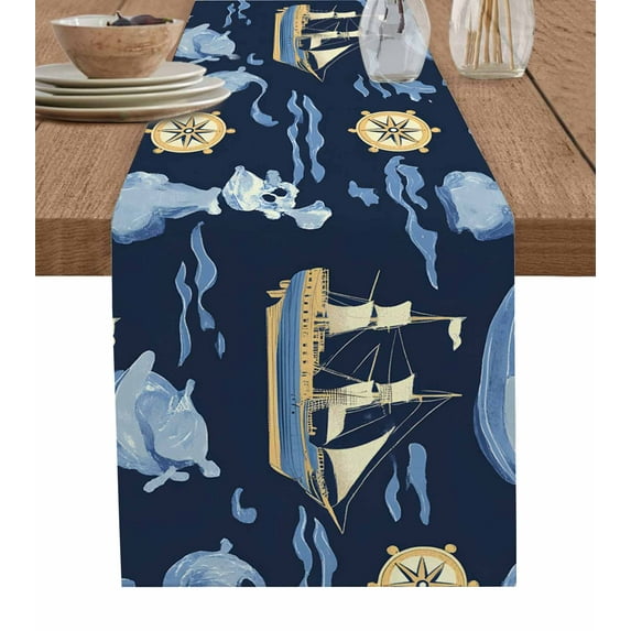 Navy Blue Coastal Table Runner 120 Inches, Nautical Modern Art Boat Compass Bed Runner Dresser Scarves Tabletop for Indoor Outdoor Parties/Ceremony/Banquet, 13"x 120"