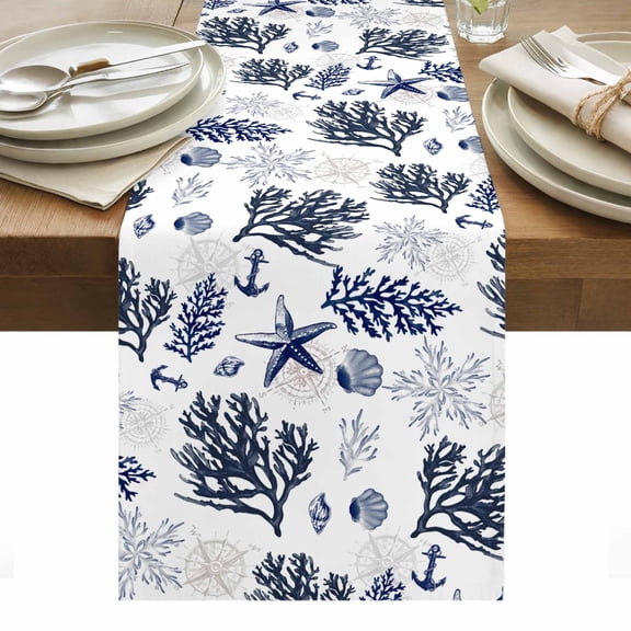 Navy Blue Coastal Table Runner - 36 Inch Long, Kitchen Dining Table Runner Dresser Scarves, Coral Shell Summer Beach Nautical Farmhouse Decor for Coffee Tables Wedding Party Banquet