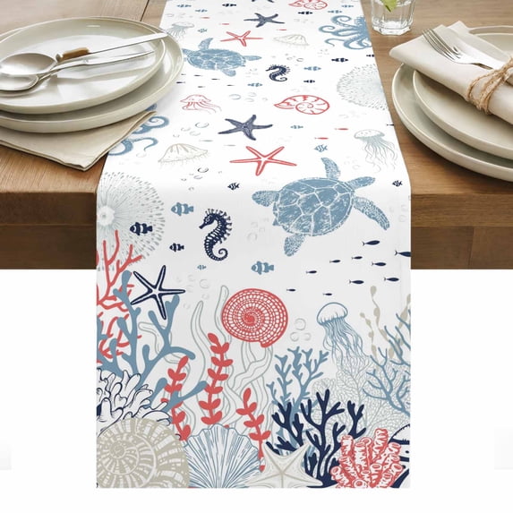 Navy Blue Coastal Table Runner - 36 Inch Long, Kitchen Dining Table Runner Dresser Scarves, Coral Turtle Starfish Jellyfish Farmhouse Decor for Coffee Tables Wedding Party Banquet