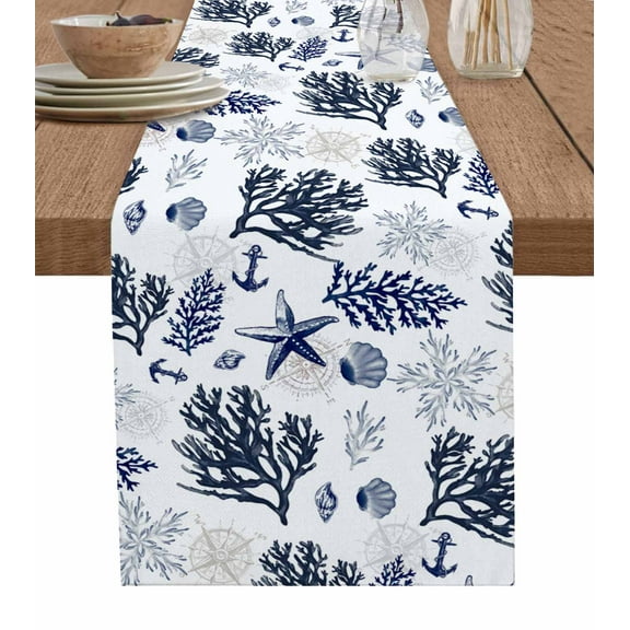 Navy Blue Coastal Table Runner 48 Inches, Coral Shell Summer Beach Nautical Bed Runner Dresser Scarves Tabletop for Indoor Outdoor Parties/Ceremony/Banquet, 13" x 48"